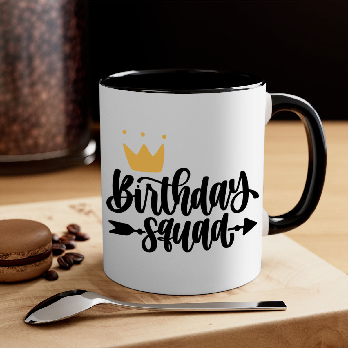 Birthday Squad Style 6# Mug with colorful handle and glossy finish, available in multiple colors and sizes.