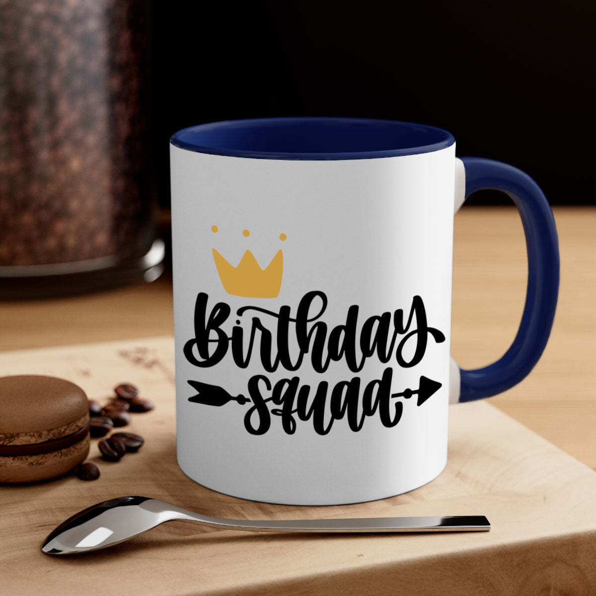 Birthday Squad Style 6# Mug with colorful handle and glossy finish, available in multiple colors and sizes.