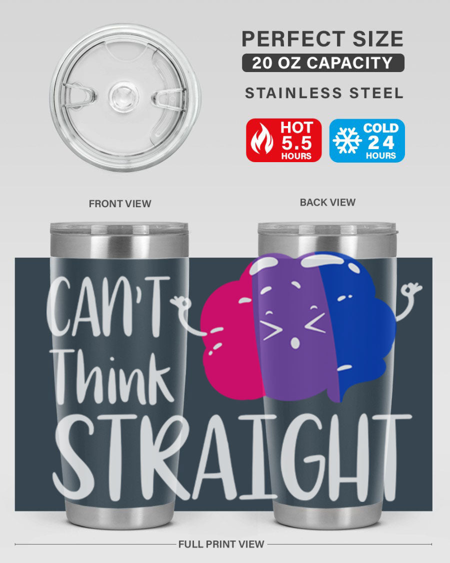 A vibrant bisexual flag tumbler featuring the phrase 'can't think straight', made of stainless steel with a drink-thru lid.