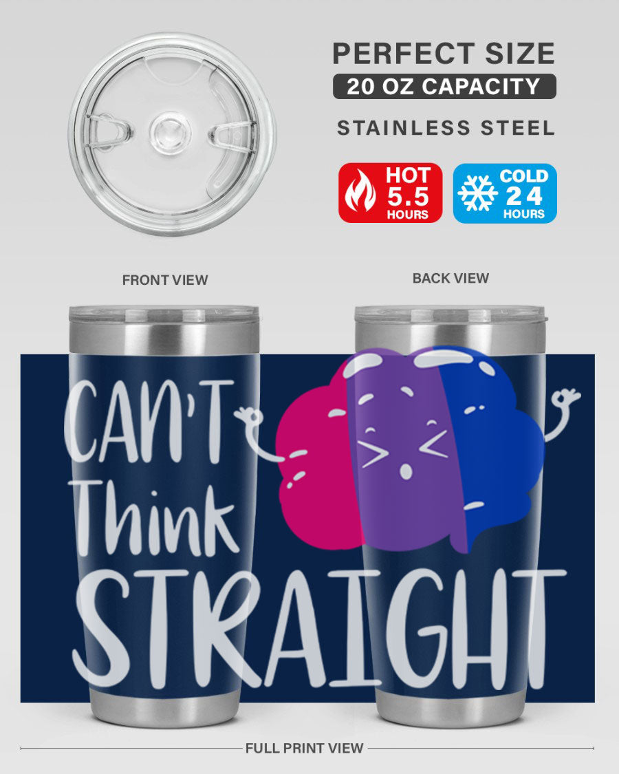 A vibrant bisexual flag tumbler featuring the phrase 'can't think straight', made of stainless steel with a drink-thru lid.