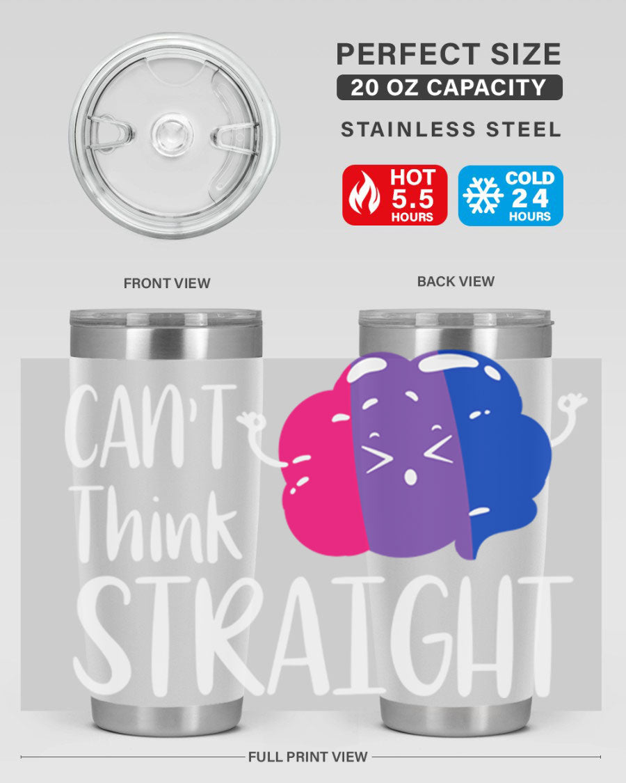 A vibrant bisexual flag tumbler featuring the phrase 'can't think straight', made of stainless steel with a drink-thru lid.