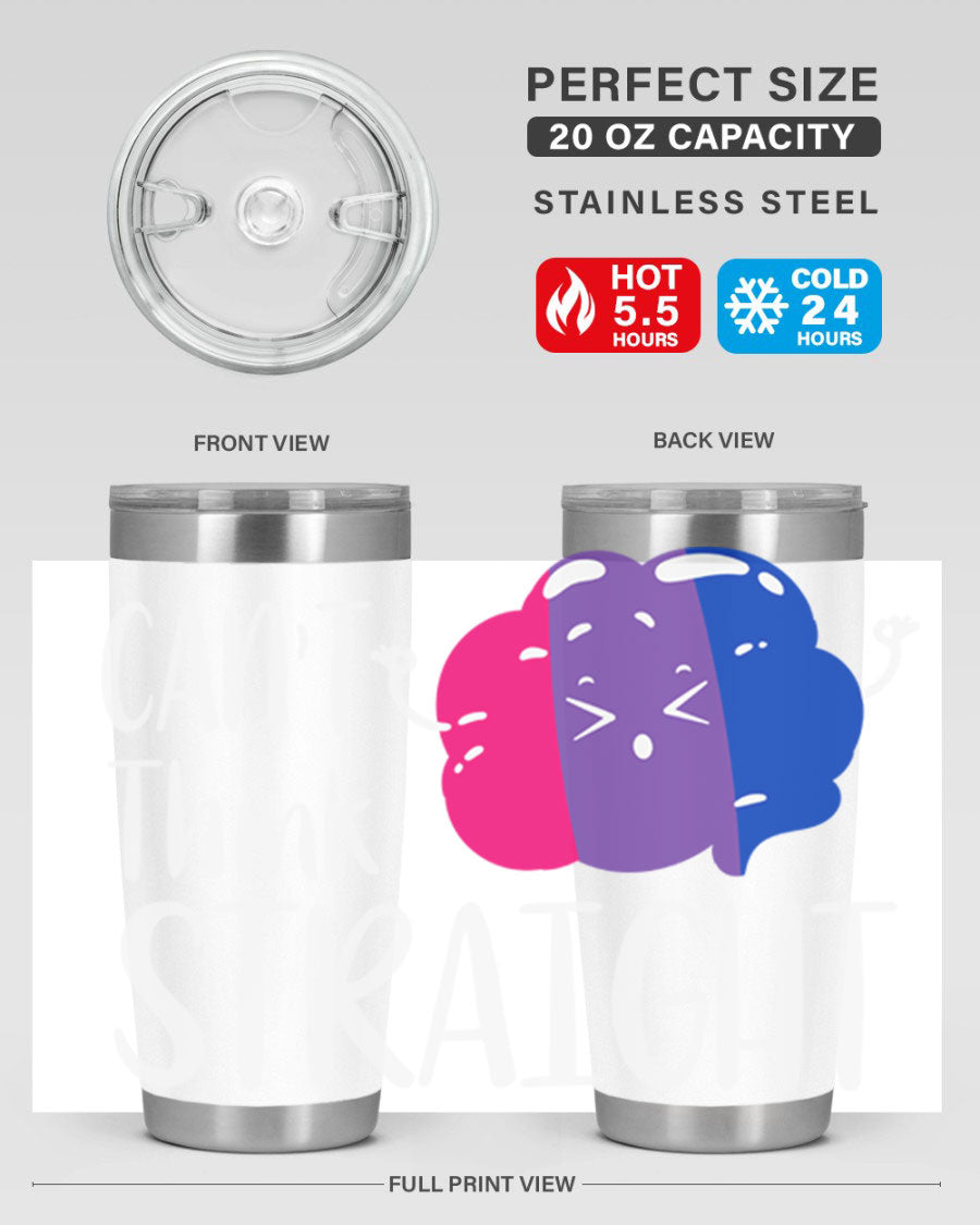 A vibrant bisexual flag tumbler featuring the phrase 'can't think straight', made of stainless steel with a drink-thru lid.