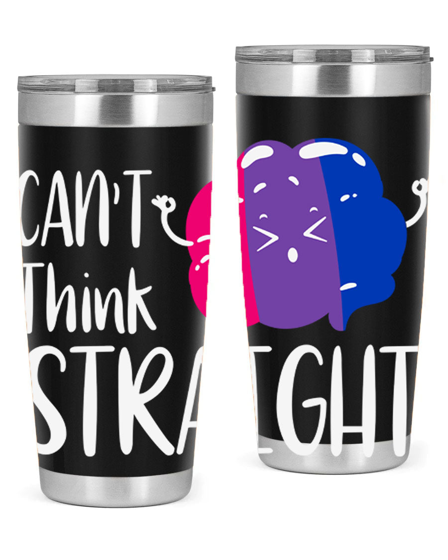 A vibrant bisexual flag tumbler featuring the phrase 'can't think straight', made of stainless steel with a drink-thru lid.