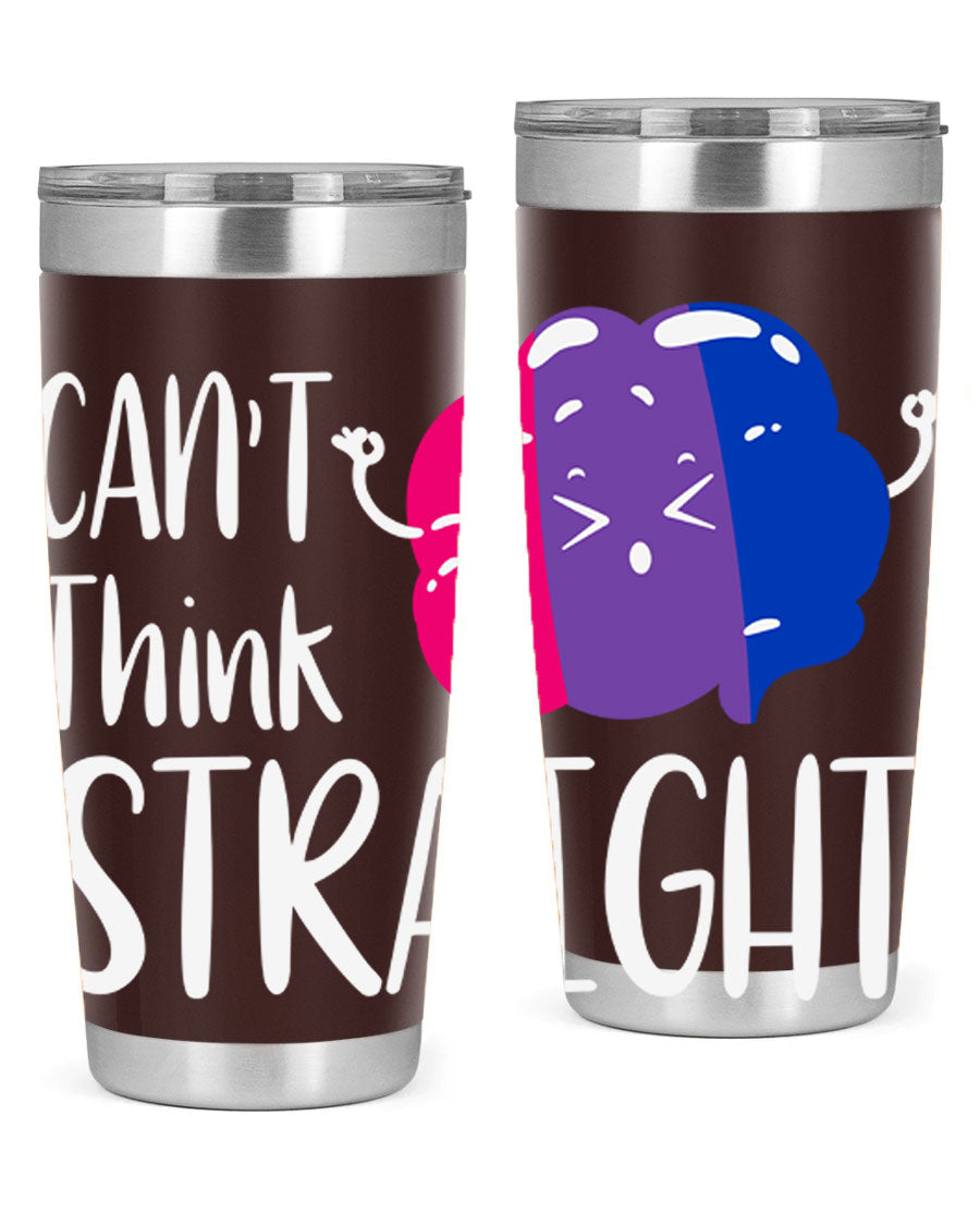 A vibrant bisexual flag tumbler featuring the phrase 'can't think straight', made of stainless steel with a drink-thru lid.