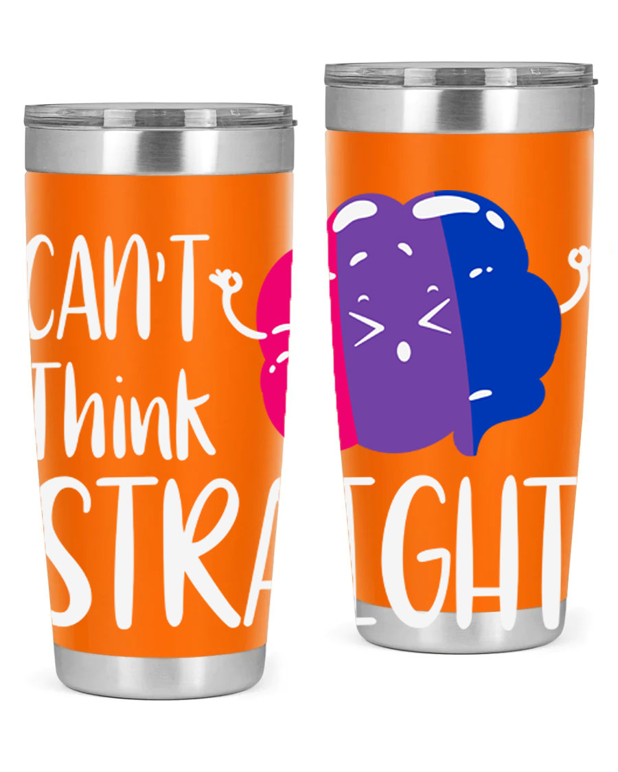 A vibrant bisexual flag tumbler featuring the phrase 'can't think straight', made of stainless steel with a drink-thru lid.