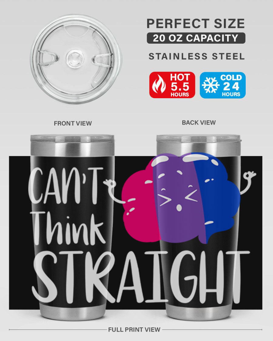 A vibrant bisexual flag tumbler featuring the phrase 'can't think straight', made of stainless steel with a drink-thru lid.