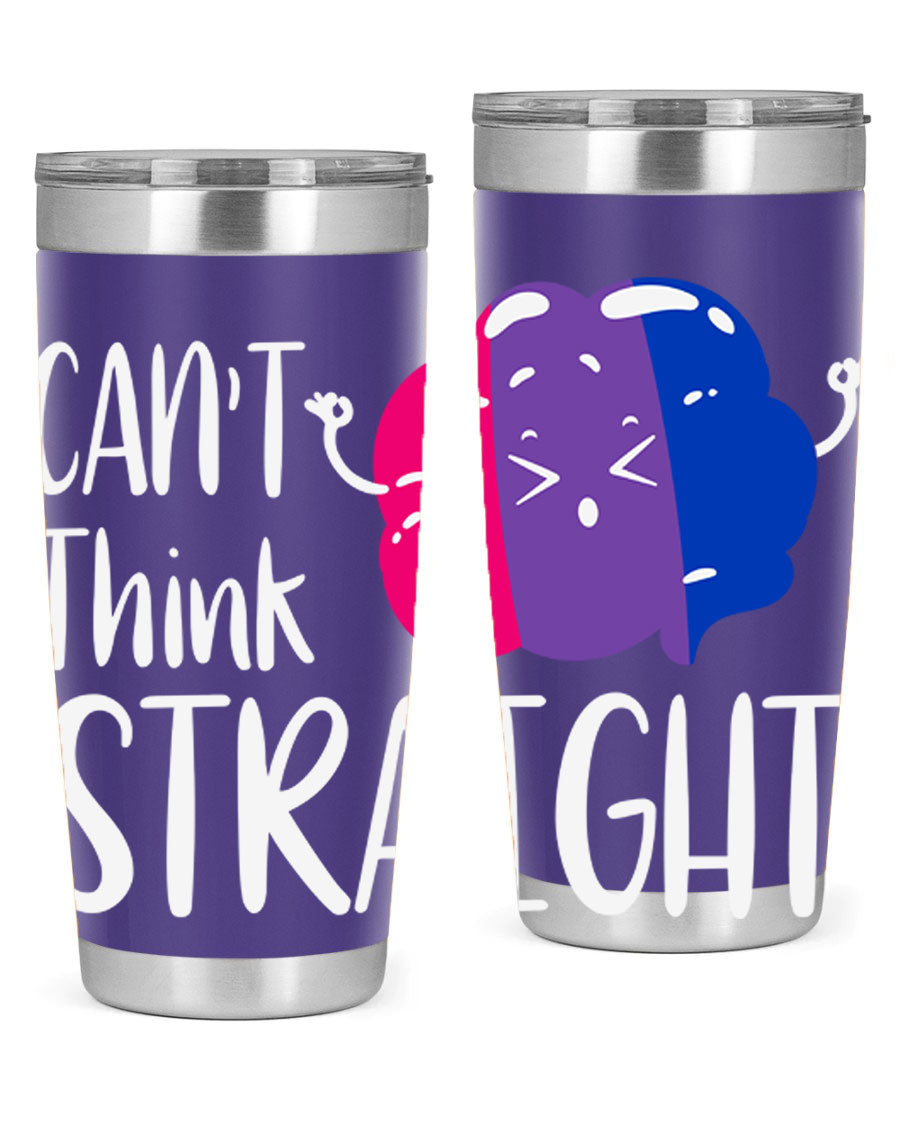 A vibrant bisexual flag tumbler featuring the phrase 'can't think straight', made of stainless steel with a drink-thru lid.