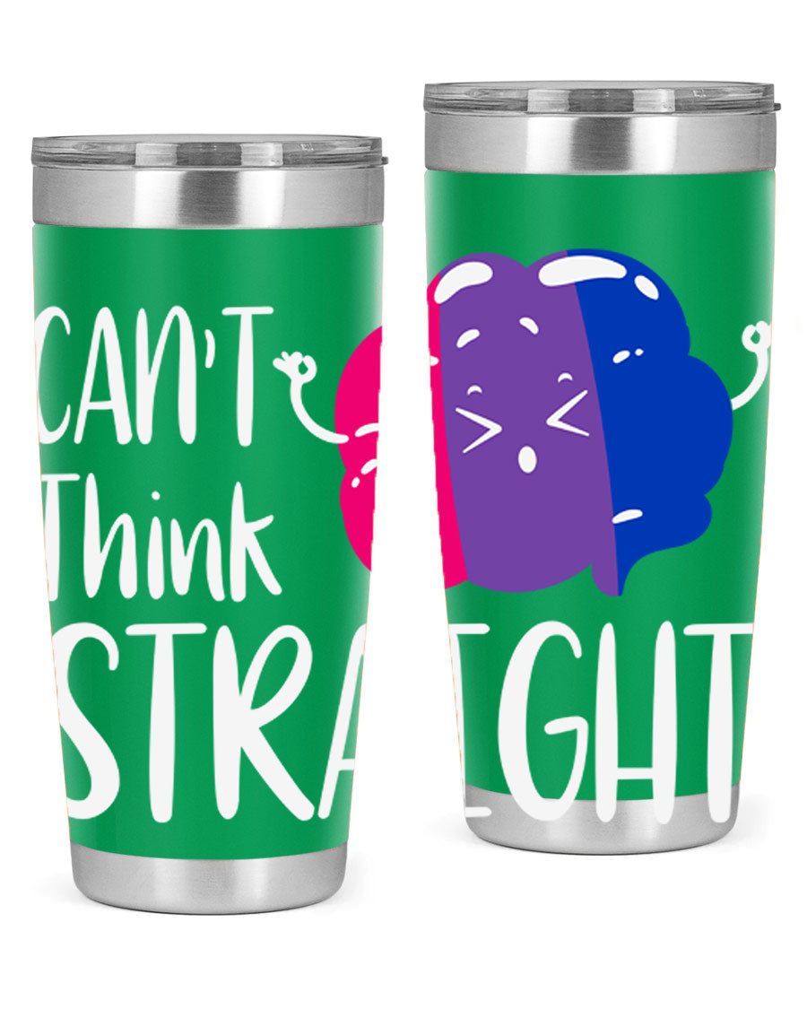 A vibrant bisexual flag tumbler featuring the phrase 'can't think straight', made of stainless steel with a drink-thru lid.