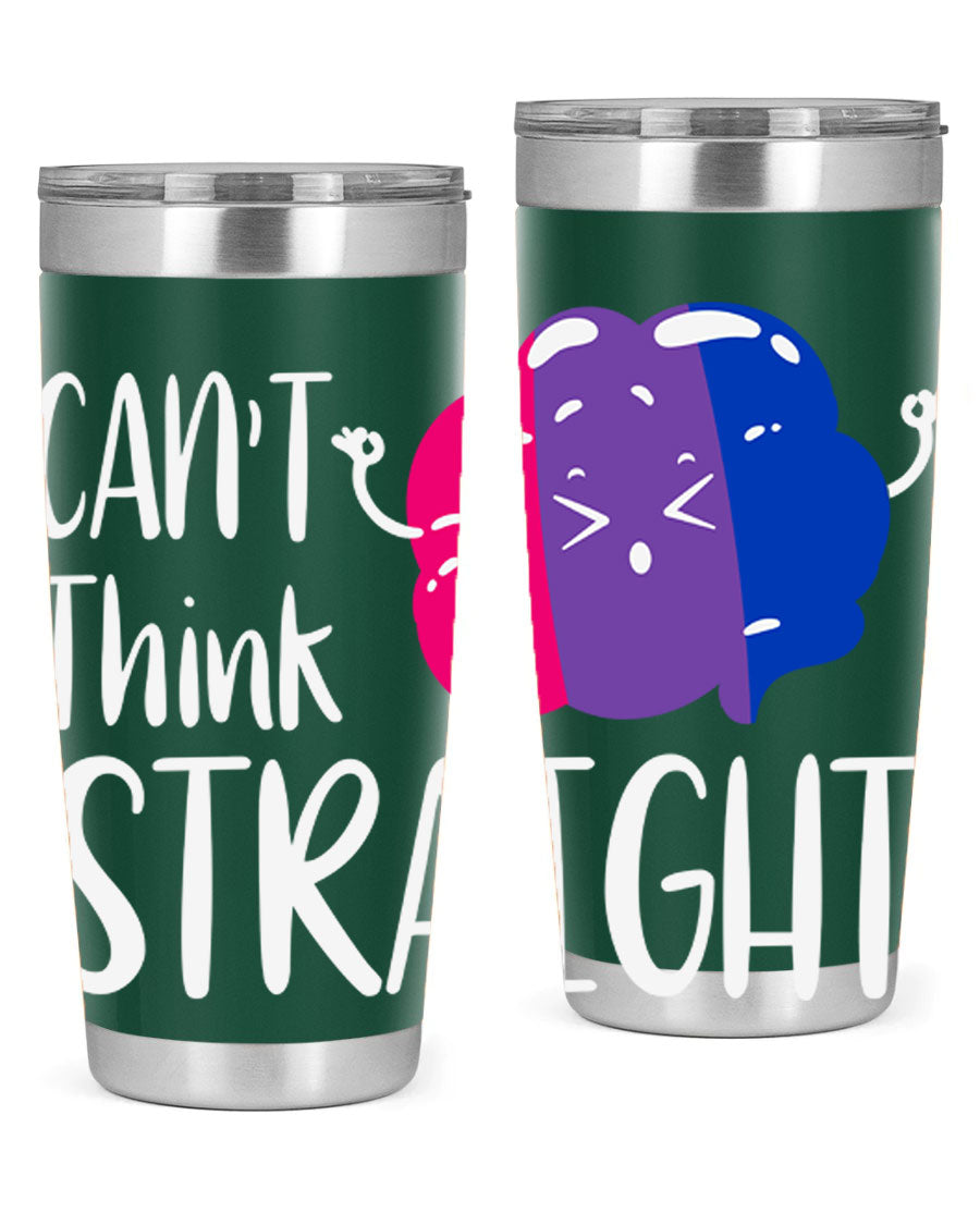 A vibrant bisexual flag tumbler featuring the phrase 'can't think straight', made of stainless steel with a drink-thru lid.