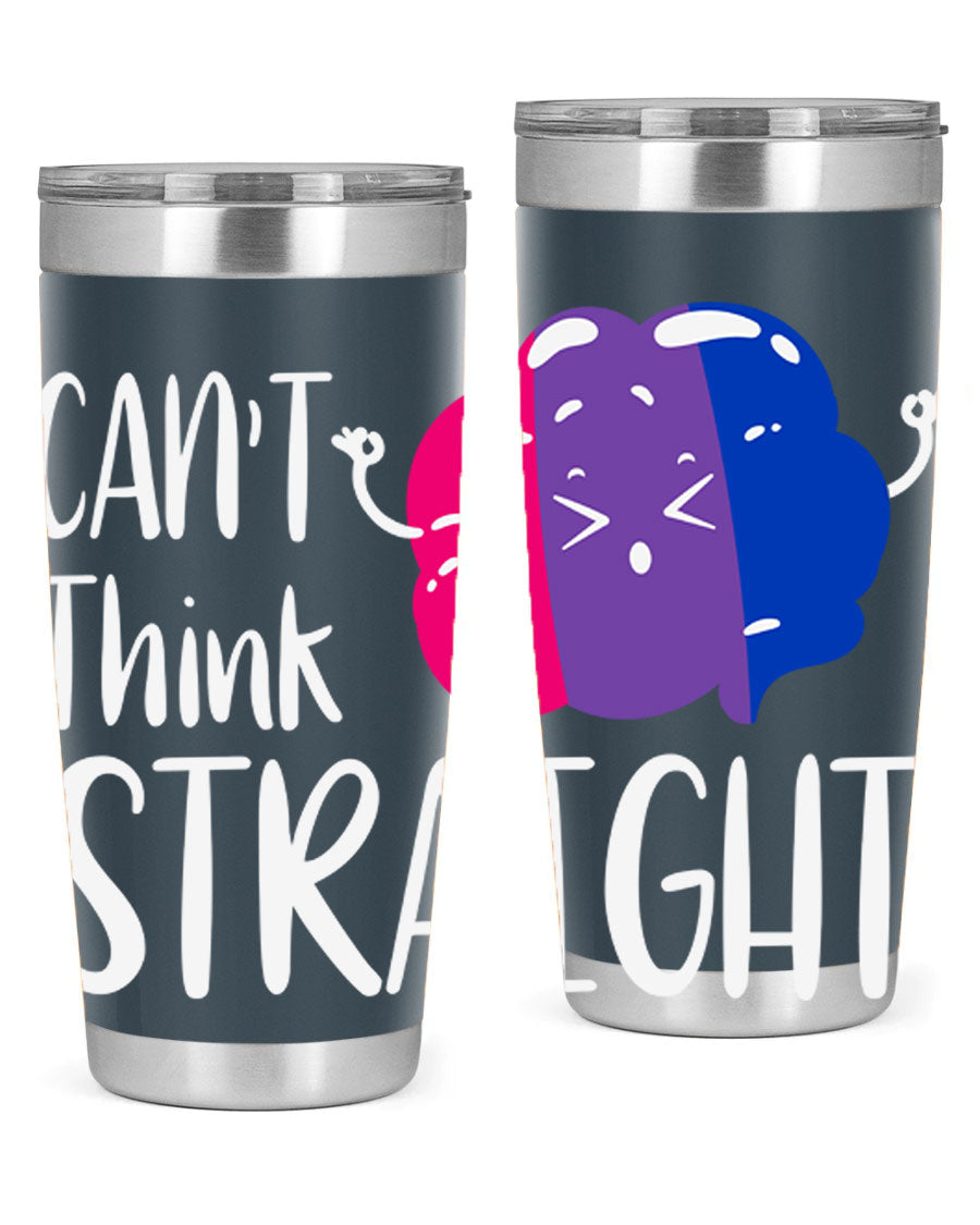 A vibrant bisexual flag tumbler featuring the phrase 'can't think straight', made of stainless steel with a drink-thru lid.