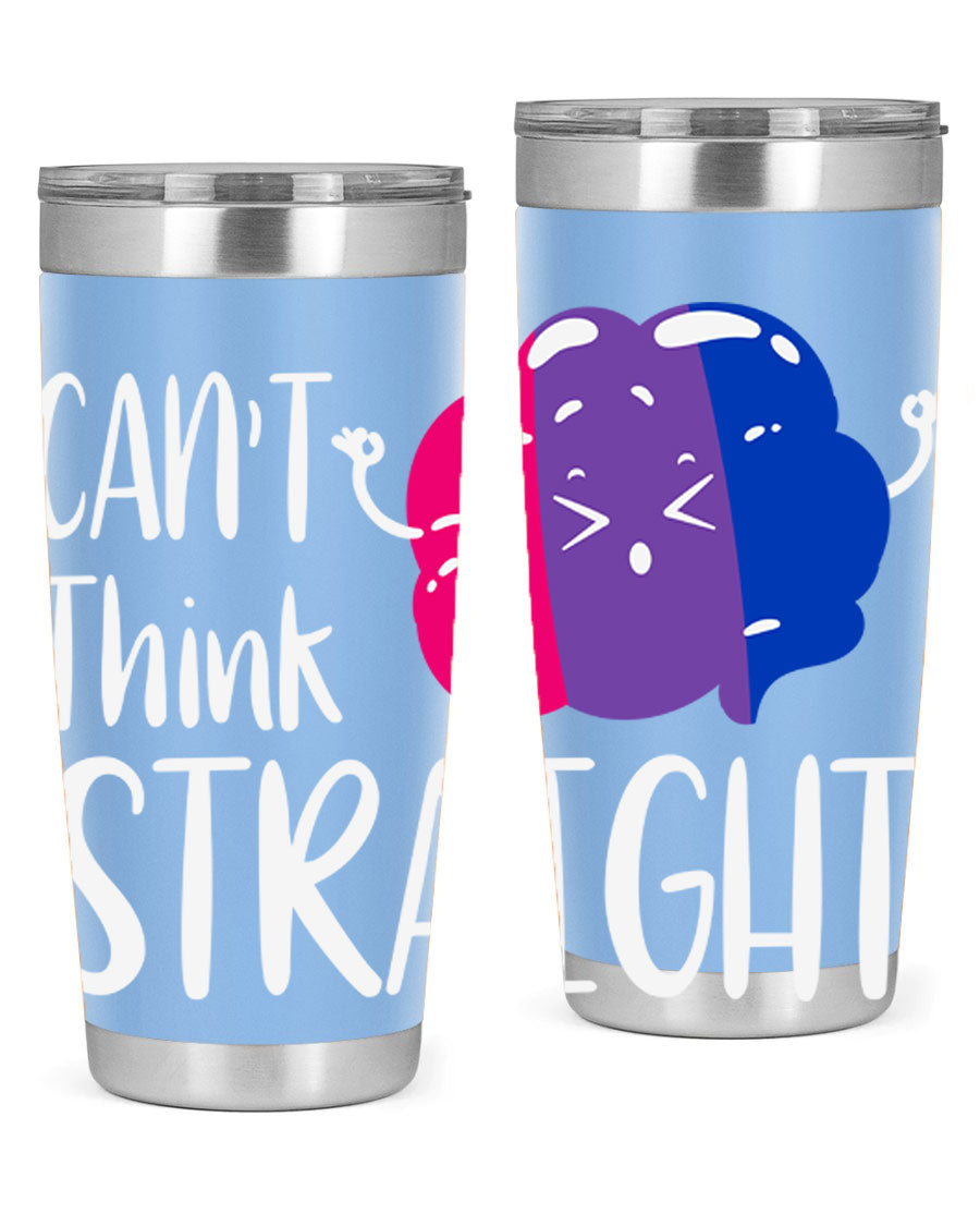 A vibrant bisexual flag tumbler featuring the phrase 'can't think straight', made of stainless steel with a drink-thru lid.