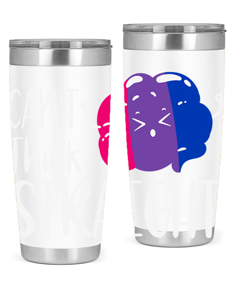 A vibrant bisexual flag tumbler featuring the phrase 'can't think straight', made of stainless steel with a drink-thru lid.