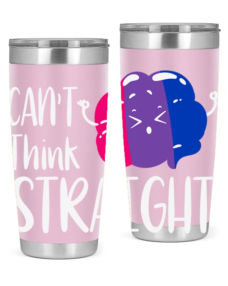 A vibrant bisexual flag tumbler featuring the phrase 'can't think straight', made of stainless steel with a drink-thru lid.