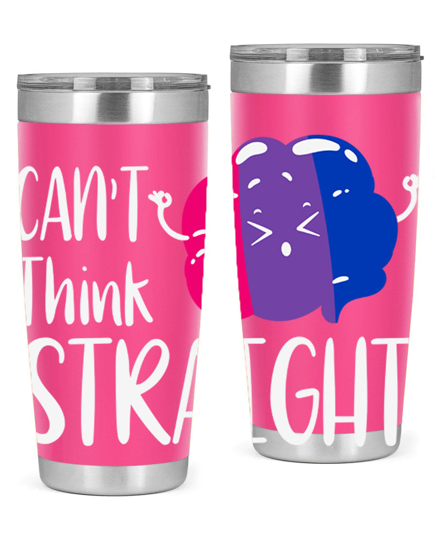 A vibrant bisexual flag tumbler featuring the phrase 'can't think straight', made of stainless steel with a drink-thru lid.