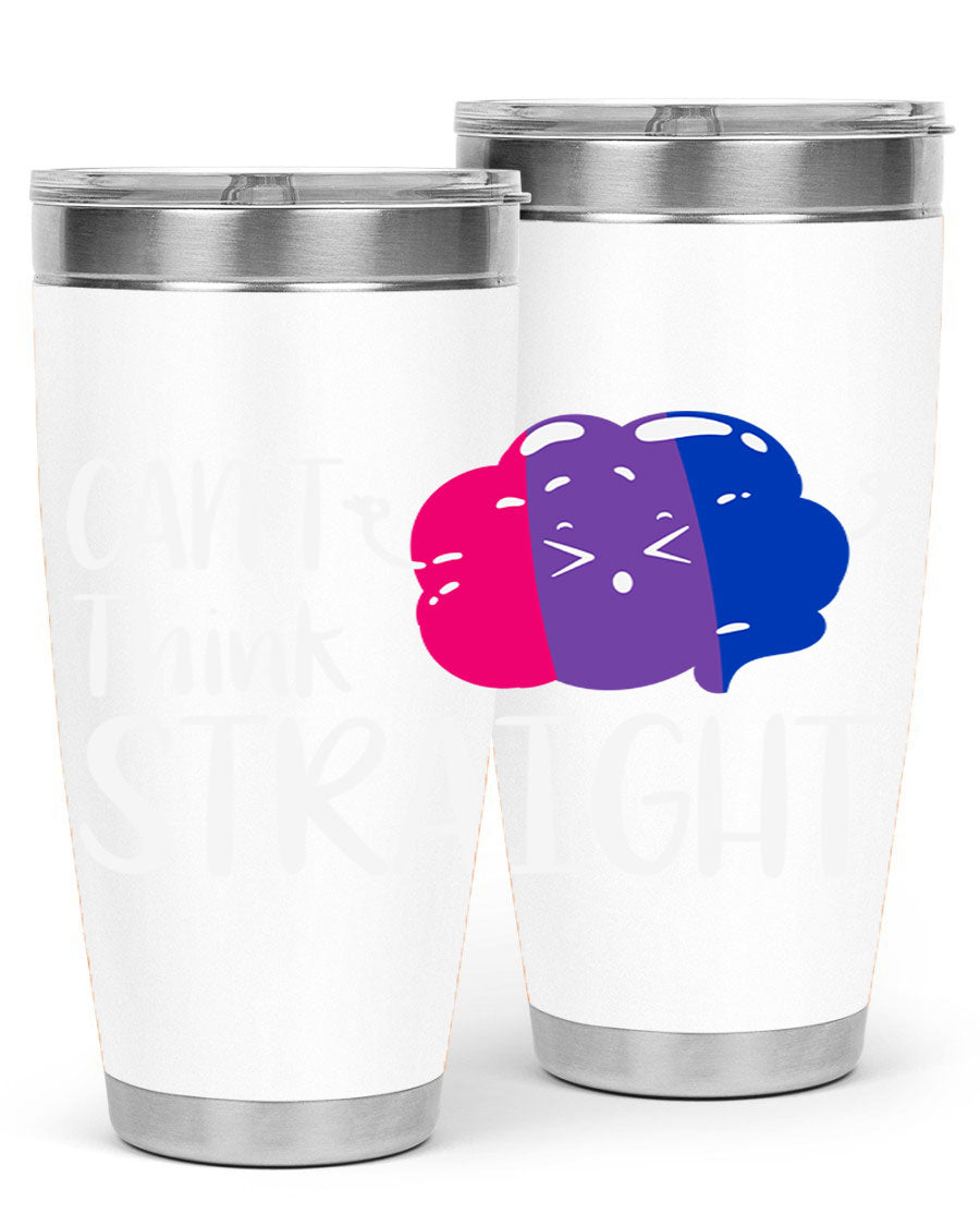 A vibrant bisexual flag tumbler featuring the phrase 'can't think straight', made of stainless steel with a drink-thru lid.