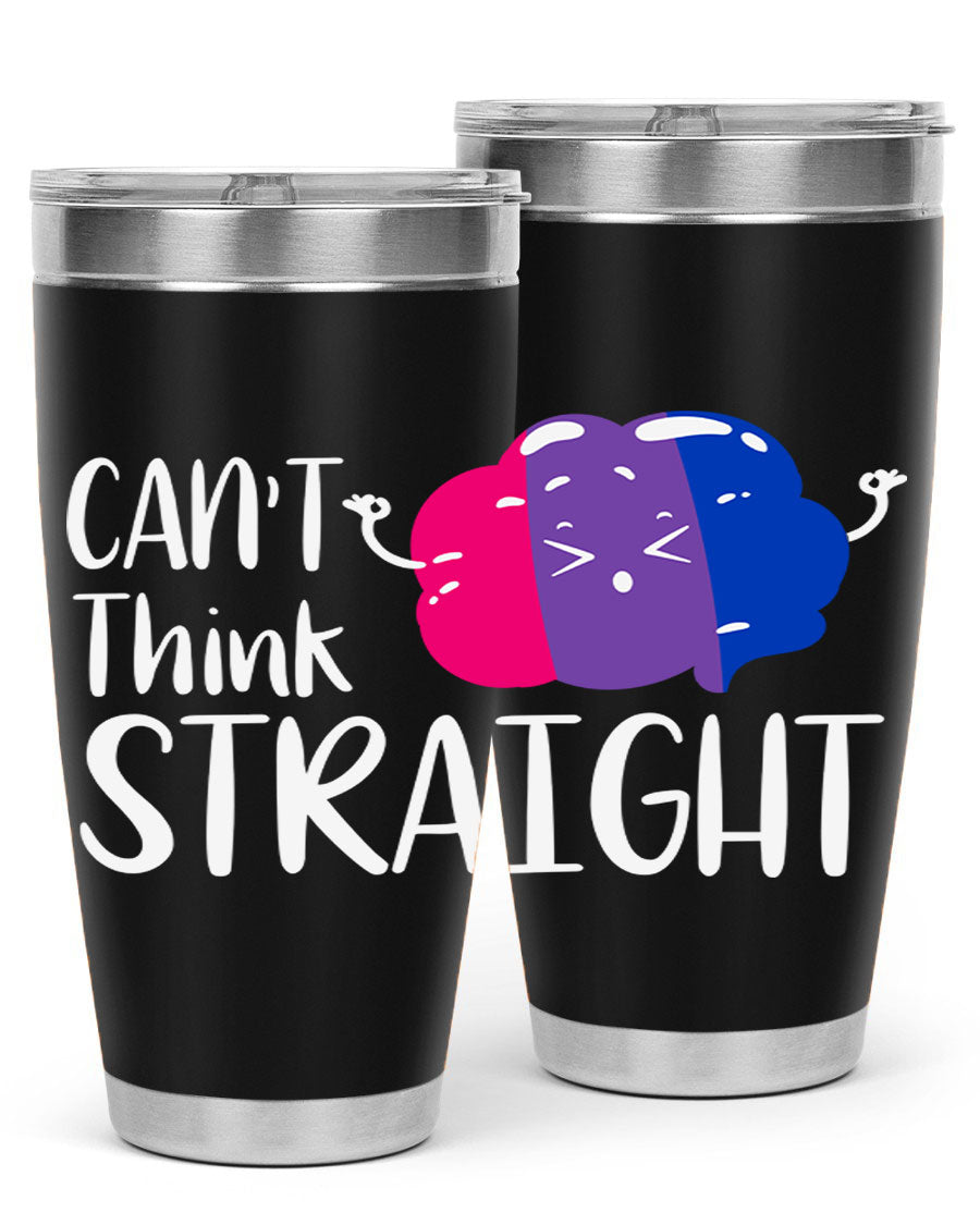 A vibrant bisexual flag tumbler featuring the phrase 'can't think straight', made of stainless steel with a drink-thru lid.