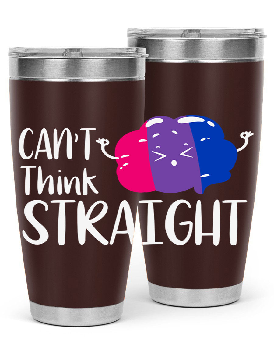 A vibrant bisexual flag tumbler featuring the phrase 'can't think straight', made of stainless steel with a drink-thru lid.