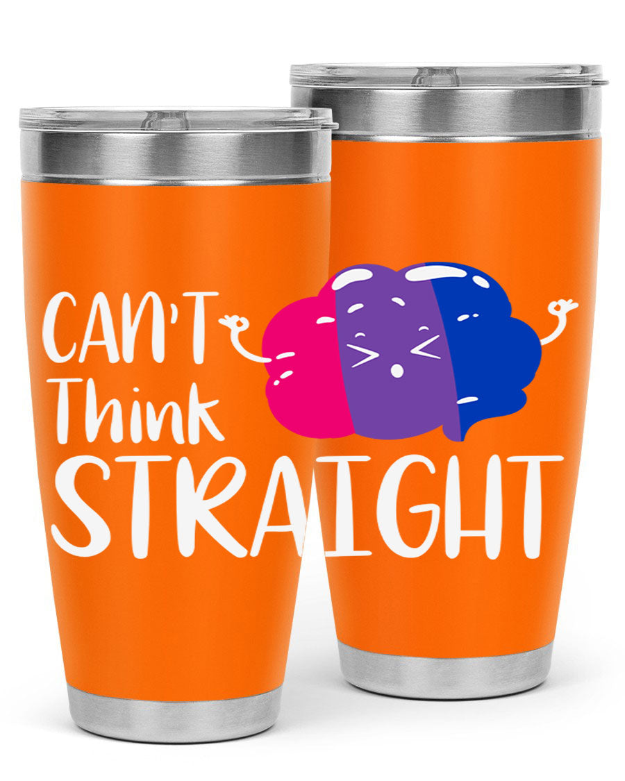 A vibrant bisexual flag tumbler featuring the phrase 'can't think straight', made of stainless steel with a drink-thru lid.