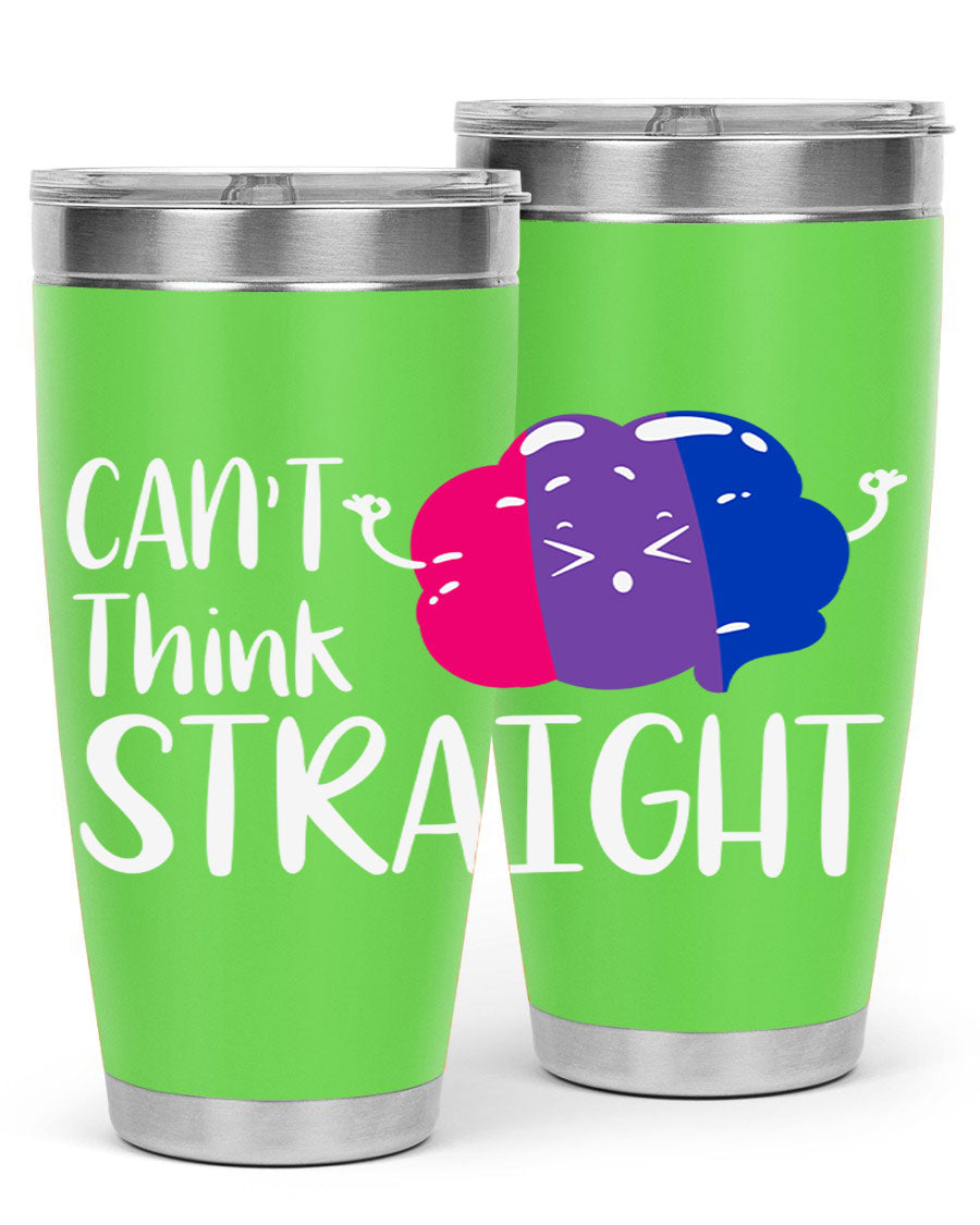 A vibrant bisexual flag tumbler featuring the phrase 'can't think straight', made of stainless steel with a drink-thru lid.