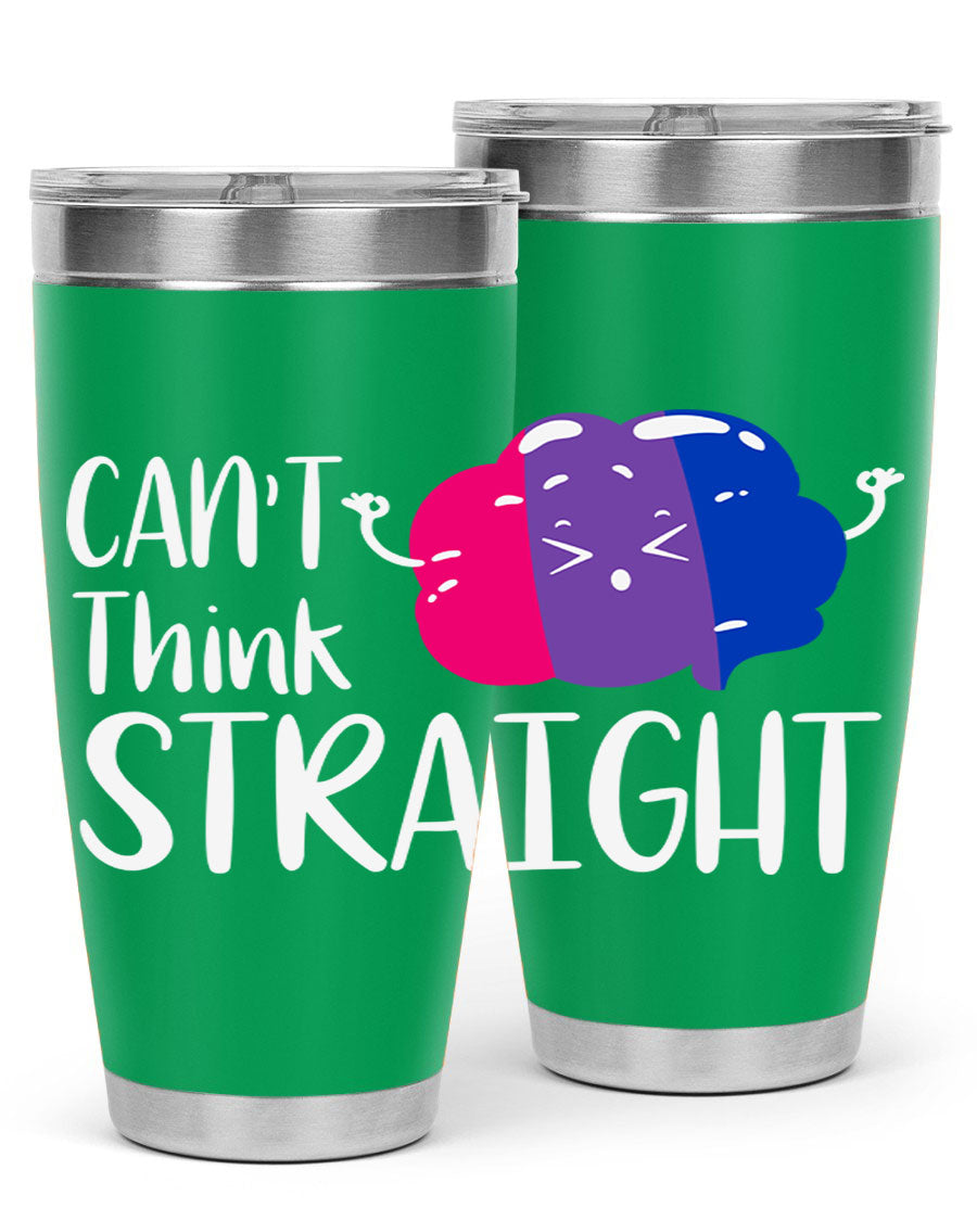 A vibrant bisexual flag tumbler featuring the phrase 'can't think straight', made of stainless steel with a drink-thru lid.