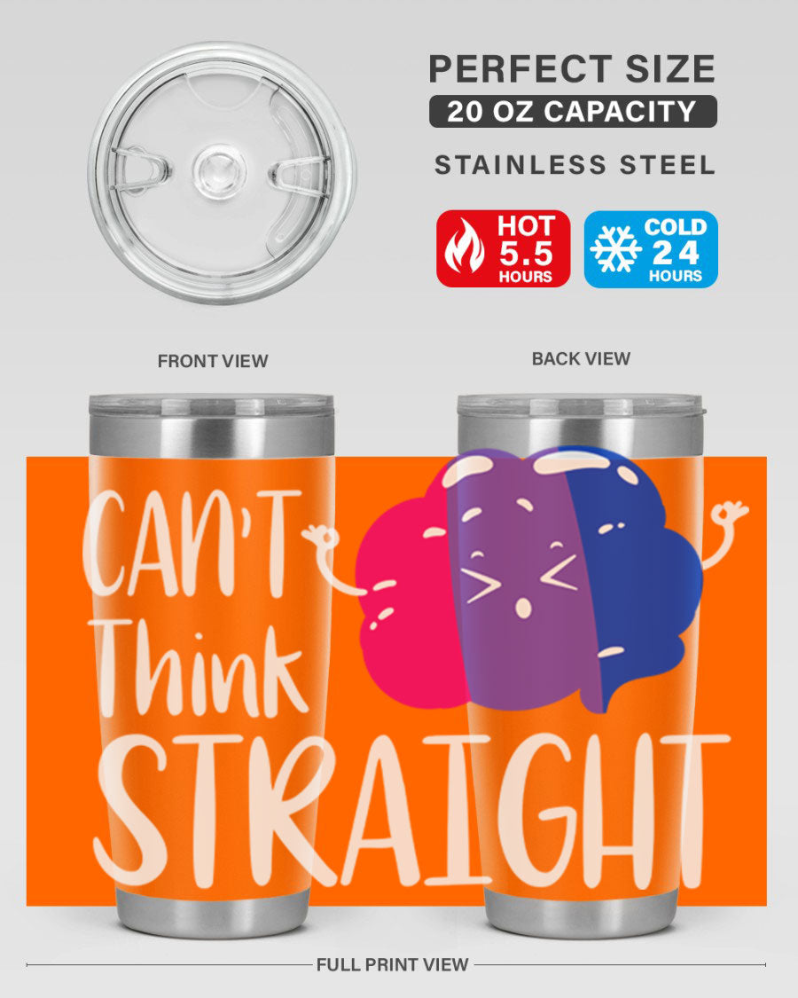 A vibrant bisexual flag tumbler featuring the phrase 'can't think straight', made of stainless steel with a drink-thru lid.