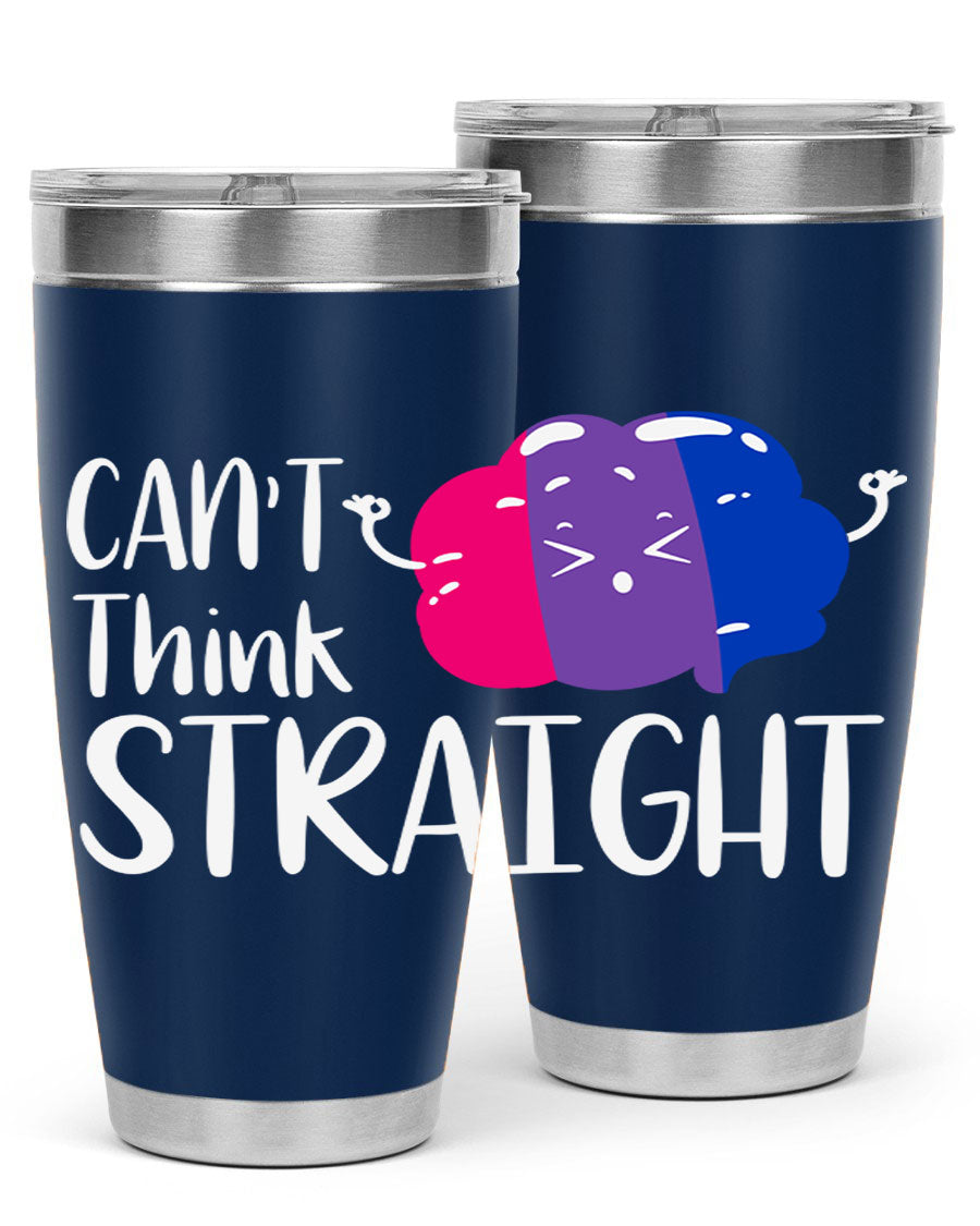 A vibrant bisexual flag tumbler featuring the phrase 'can't think straight', made of stainless steel with a drink-thru lid.