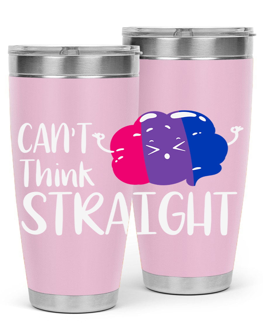 A vibrant bisexual flag tumbler featuring the phrase 'can't think straight', made of stainless steel with a drink-thru lid.