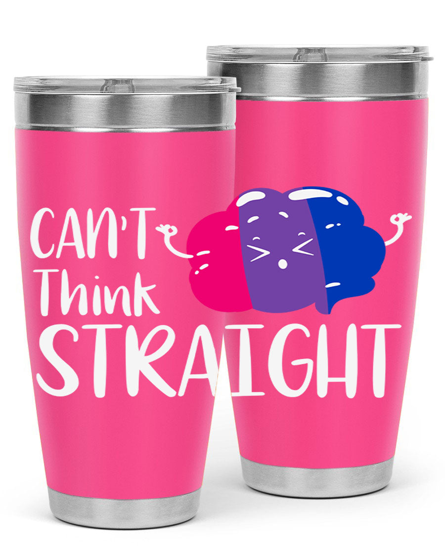 A vibrant bisexual flag tumbler featuring the phrase 'can't think straight', made of stainless steel with a drink-thru lid.