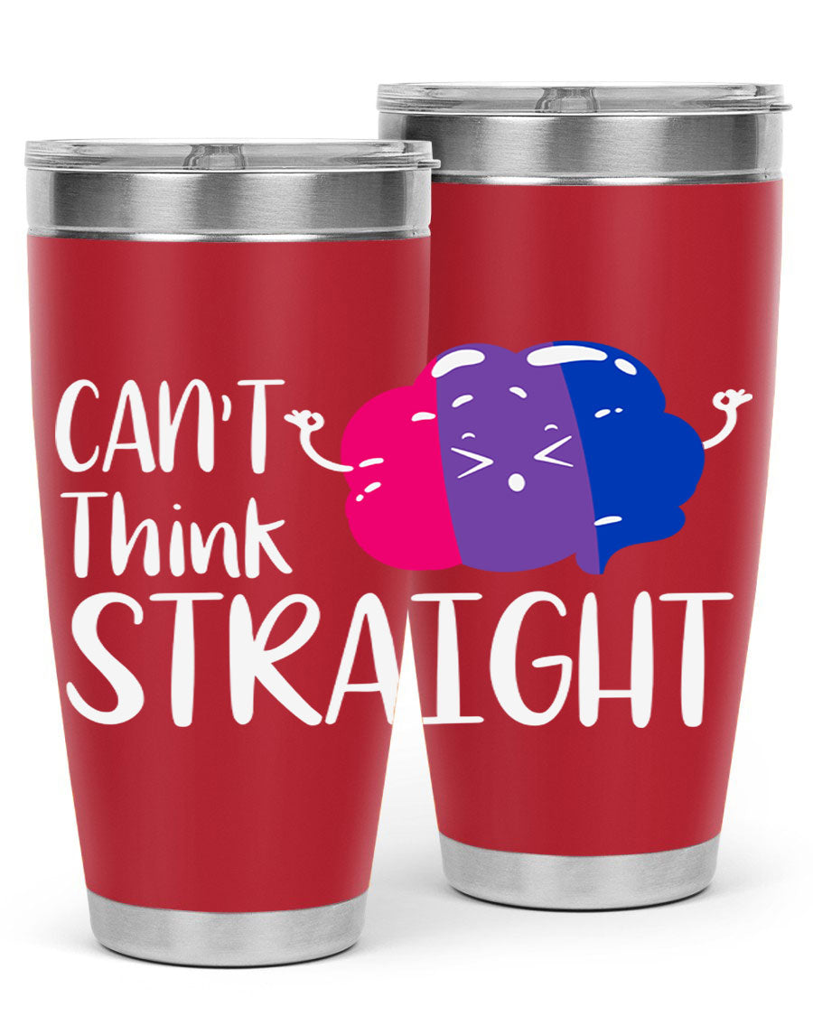 A vibrant bisexual flag tumbler featuring the phrase 'can't think straight', made of stainless steel with a drink-thru lid.