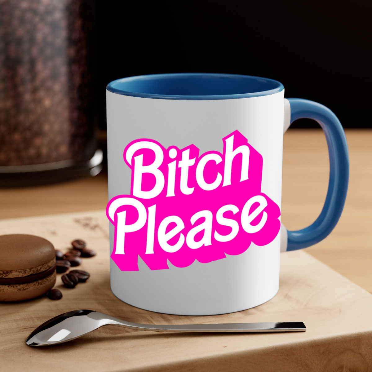 Bitch Please 253# Mug with black phrases, colorful handle and interior, showcasing a glossy finish.