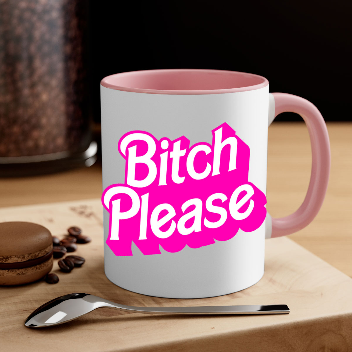 Bitch Please 253# Mug with black phrases, colorful handle and interior, showcasing a glossy finish.