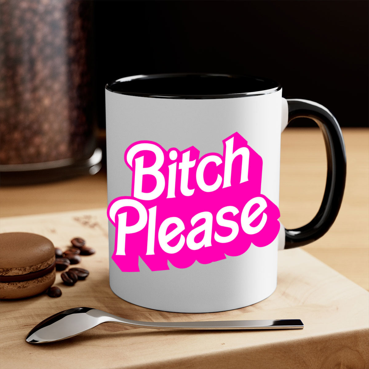 Bitch Please 253# Mug with black phrases, colorful handle and interior, showcasing a glossy finish.