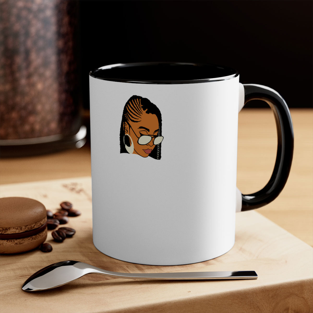 Black afro 39# Mug featuring a glossy finish with a colored handle and interior, perfect for coffee and tea lovers.