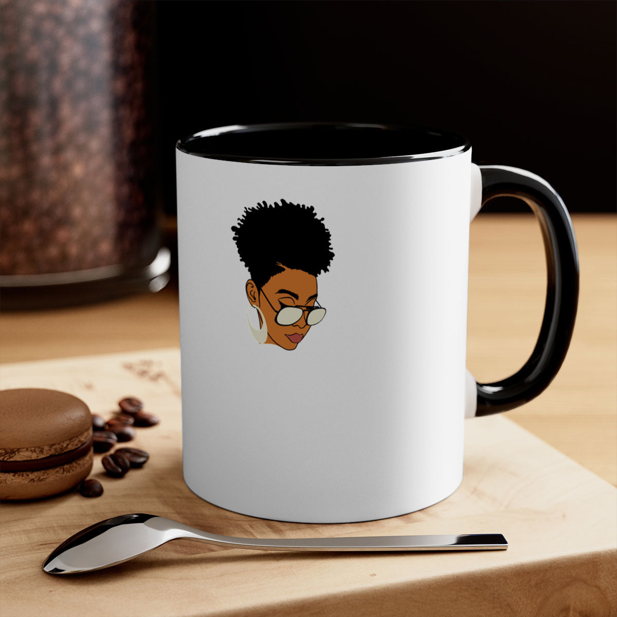 Black Afro 44# Mug featuring a two-tone design with a colored handle and glossy finish, perfect for coffee and tea lovers.