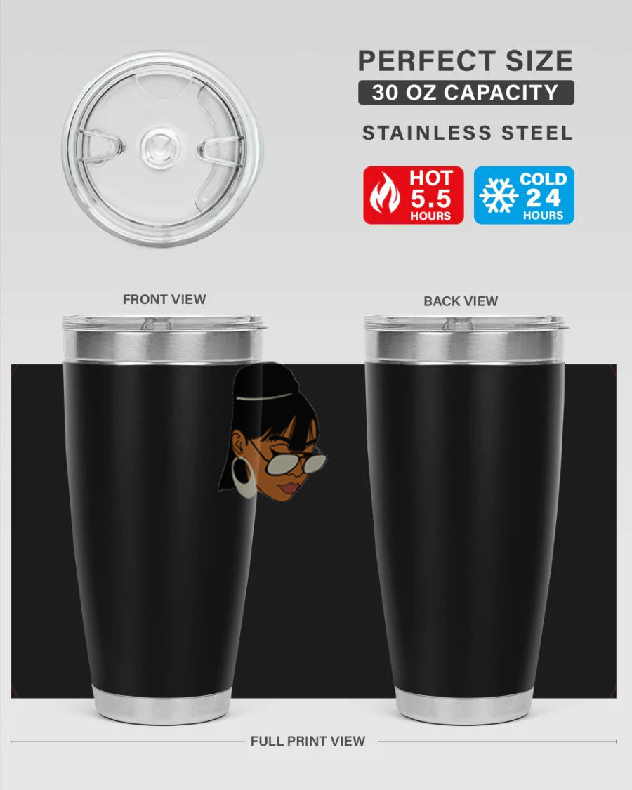 Black Afro 40# Tumbler featuring double wall vacuum stainless steel design, perfect for women and girls, ideal for hot and cold beverages.