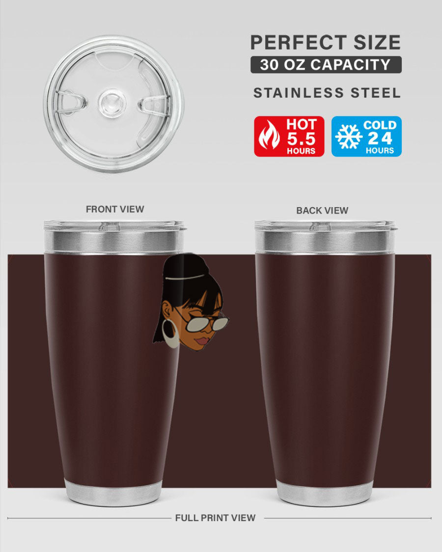 Black Afro 40# Tumbler featuring double wall vacuum stainless steel design, perfect for women and girls, ideal for hot and cold beverages.