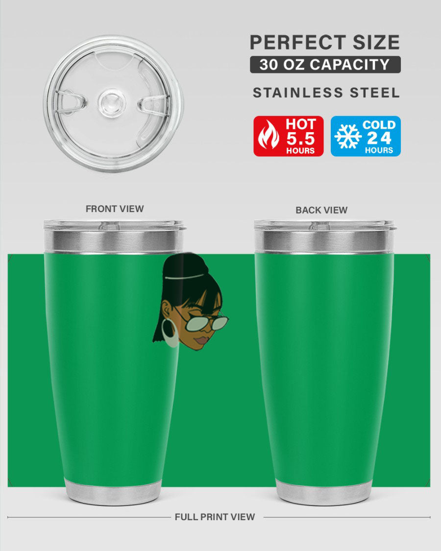 Black Afro 40# Tumbler featuring double wall vacuum stainless steel design, perfect for women and girls, ideal for hot and cold beverages.