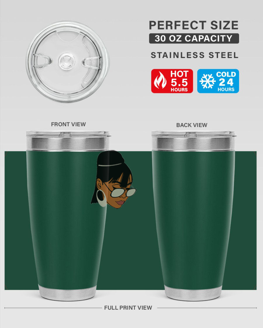 Black Afro 40# Tumbler featuring double wall vacuum stainless steel design, perfect for women and girls, ideal for hot and cold beverages.