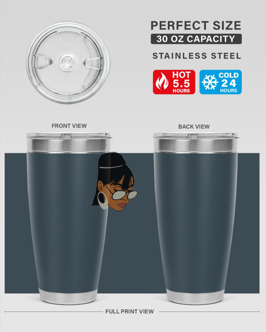 Black Afro 40# Tumbler featuring double wall vacuum stainless steel design, perfect for women and girls, ideal for hot and cold beverages.