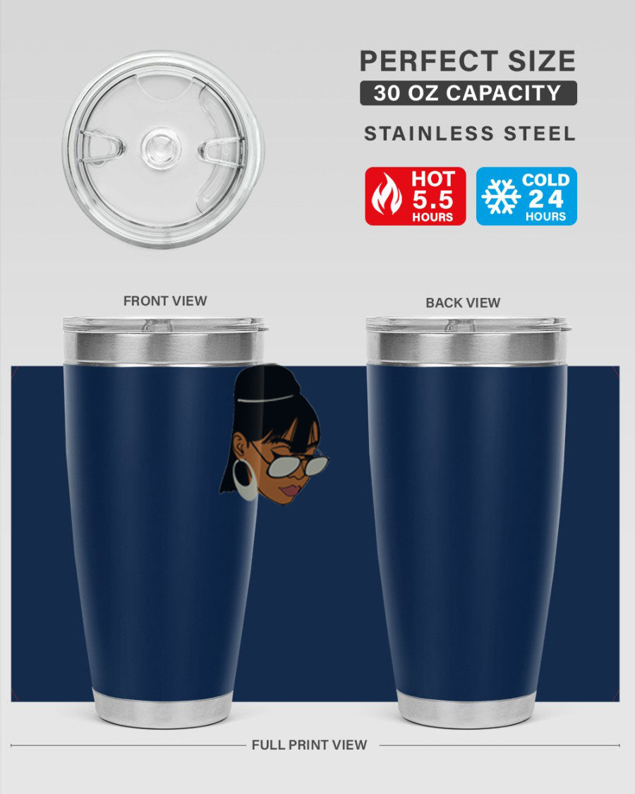 Black Afro 40# Tumbler featuring double wall vacuum stainless steel design, perfect for women and girls, ideal for hot and cold beverages.