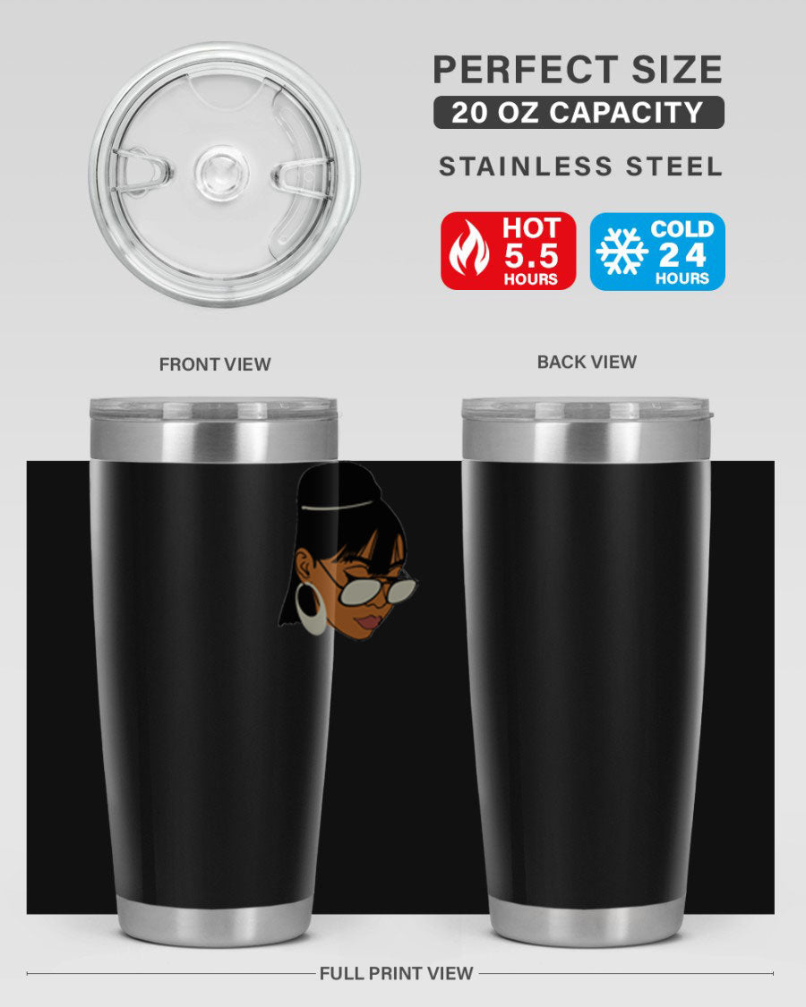 Black Afro 40# Tumbler featuring double wall vacuum stainless steel design, perfect for women and girls, ideal for hot and cold beverages.