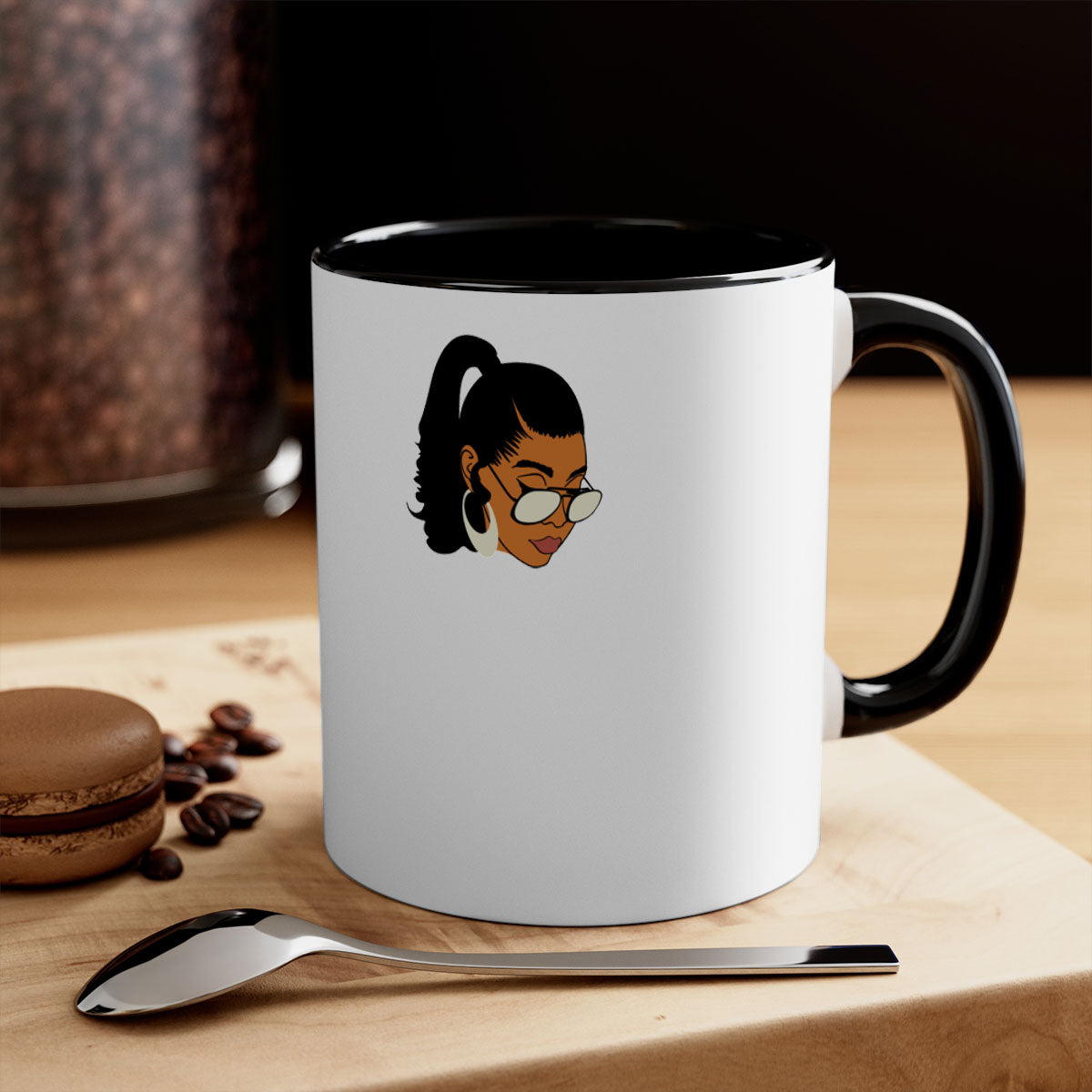 Black afro 42# Mug featuring a glossy finish with a colored handle and interior, perfect for coffee and tea lovers.