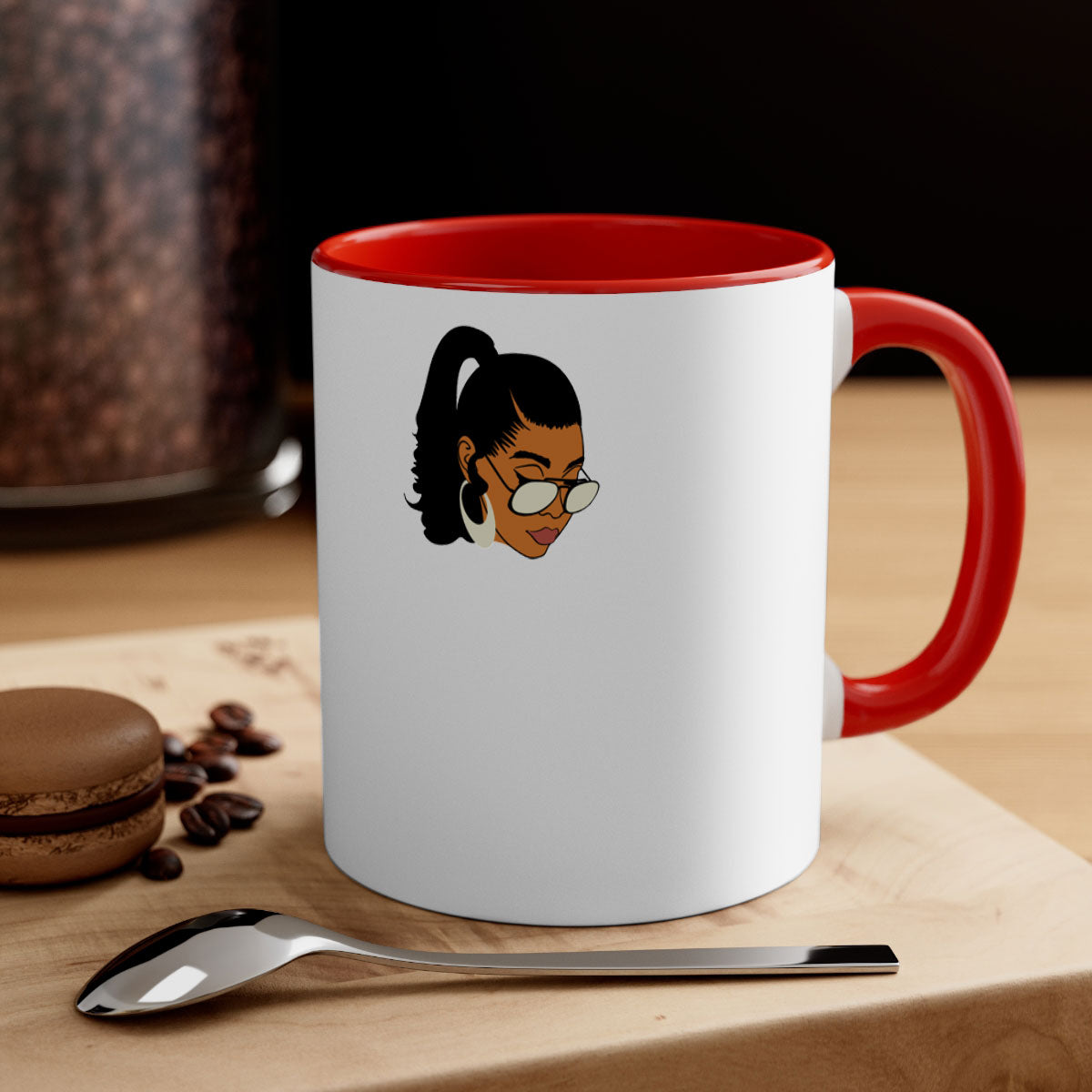 Black afro 42# Mug featuring a glossy finish with a colored handle and interior, perfect for coffee and tea lovers.