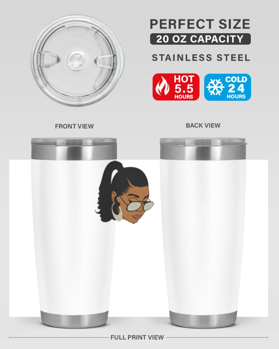 Black afro 42# tumbler for women and girls, featuring a stylish design and double wall vacuum insulation for hot and cold beverages.