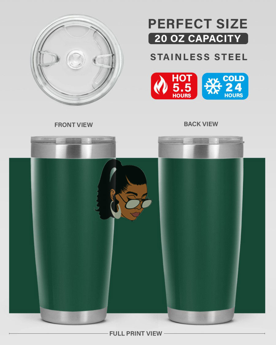 Black afro 42# tumbler for women and girls, featuring a stylish design and double wall vacuum insulation for hot and cold beverages.