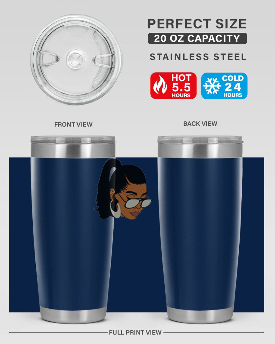 Black afro 42# tumbler for women and girls, featuring a stylish design and double wall vacuum insulation for hot and cold beverages.