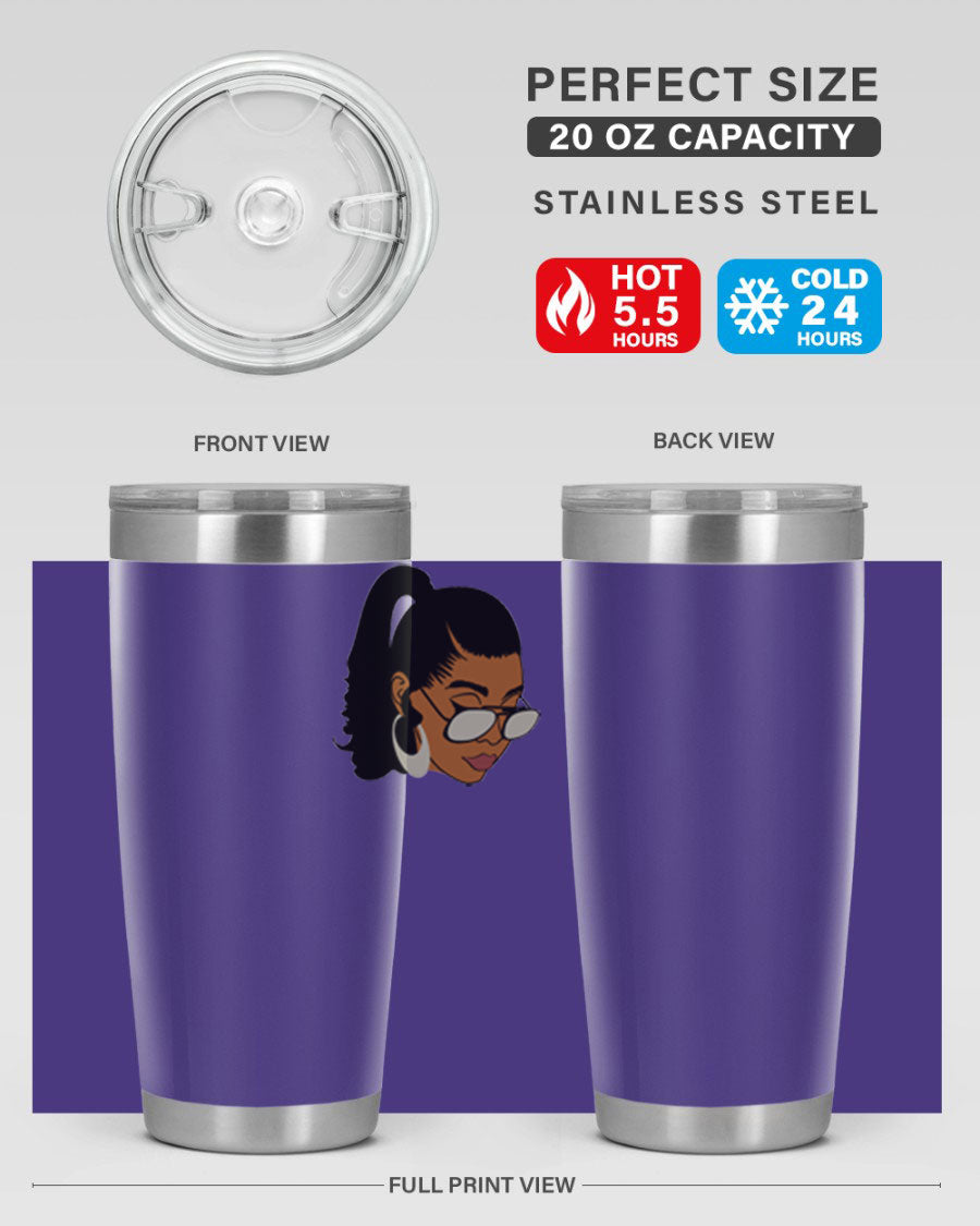 Black afro 42# tumbler for women and girls, featuring a stylish design and double wall vacuum insulation for hot and cold beverages.