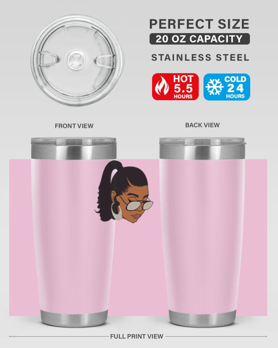 Black afro 42# tumbler for women and girls, featuring a stylish design and double wall vacuum insulation for hot and cold beverages.