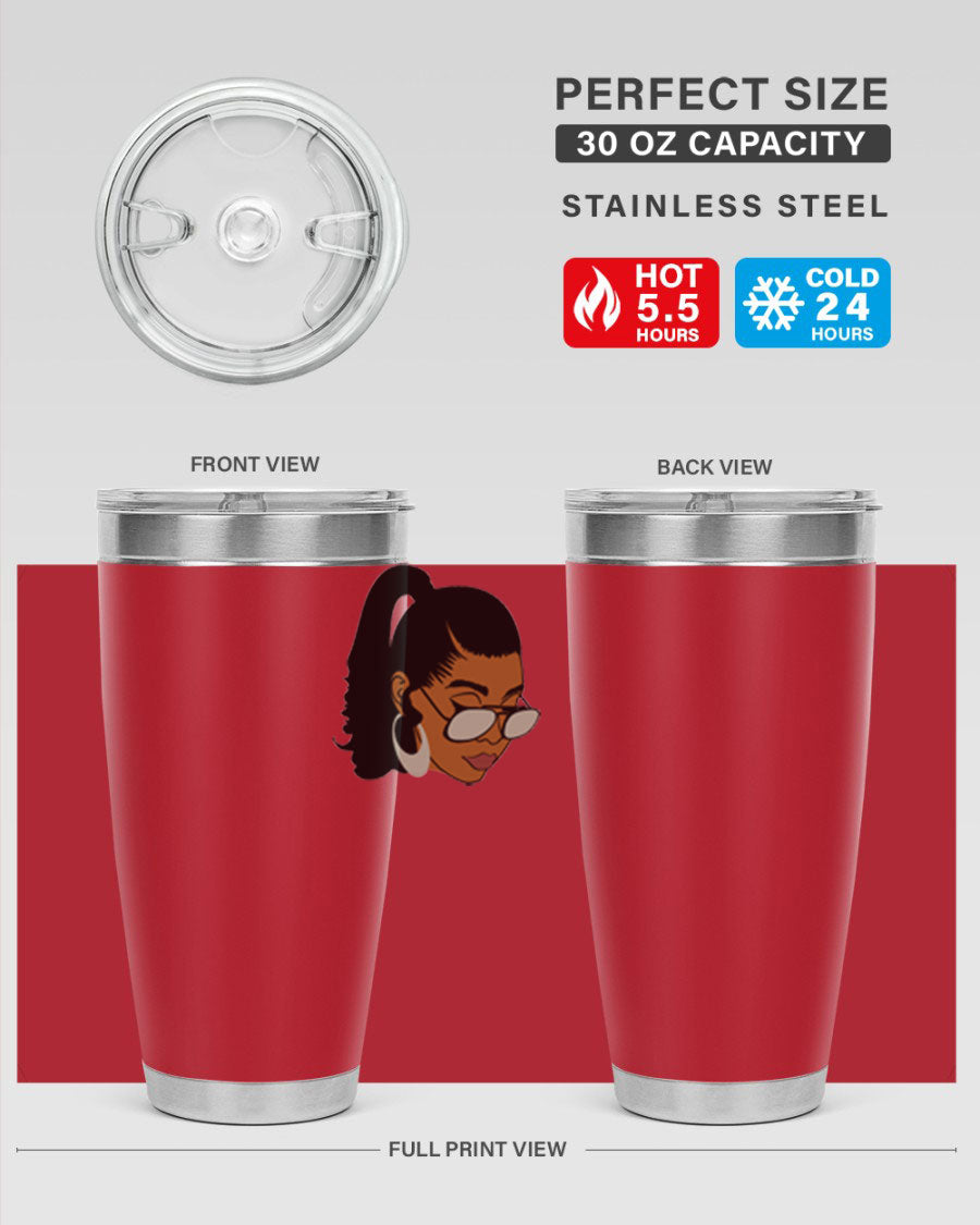 Black afro 42# tumbler for women and girls, featuring a stylish design and double wall vacuum insulation for hot and cold beverages.