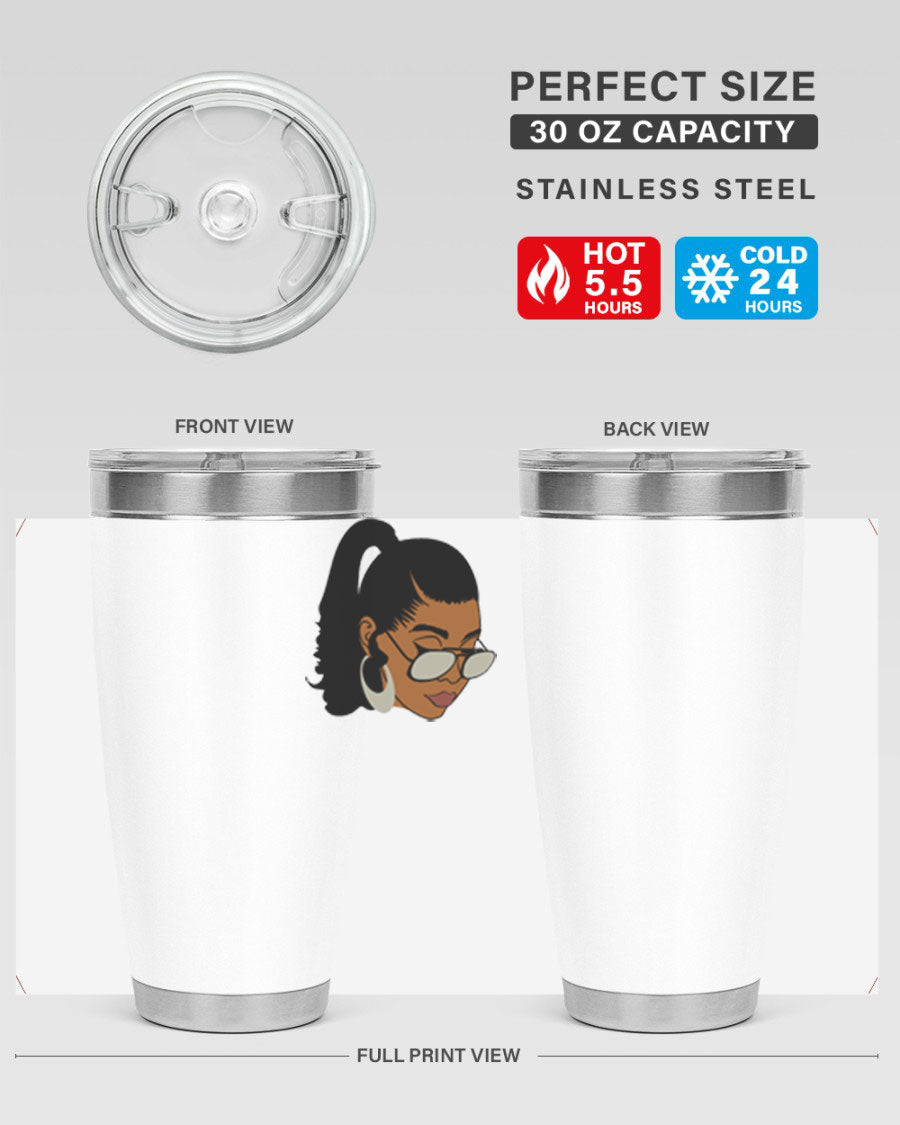 Black afro 42# tumbler for women and girls, featuring a stylish design and double wall vacuum insulation for hot and cold beverages.